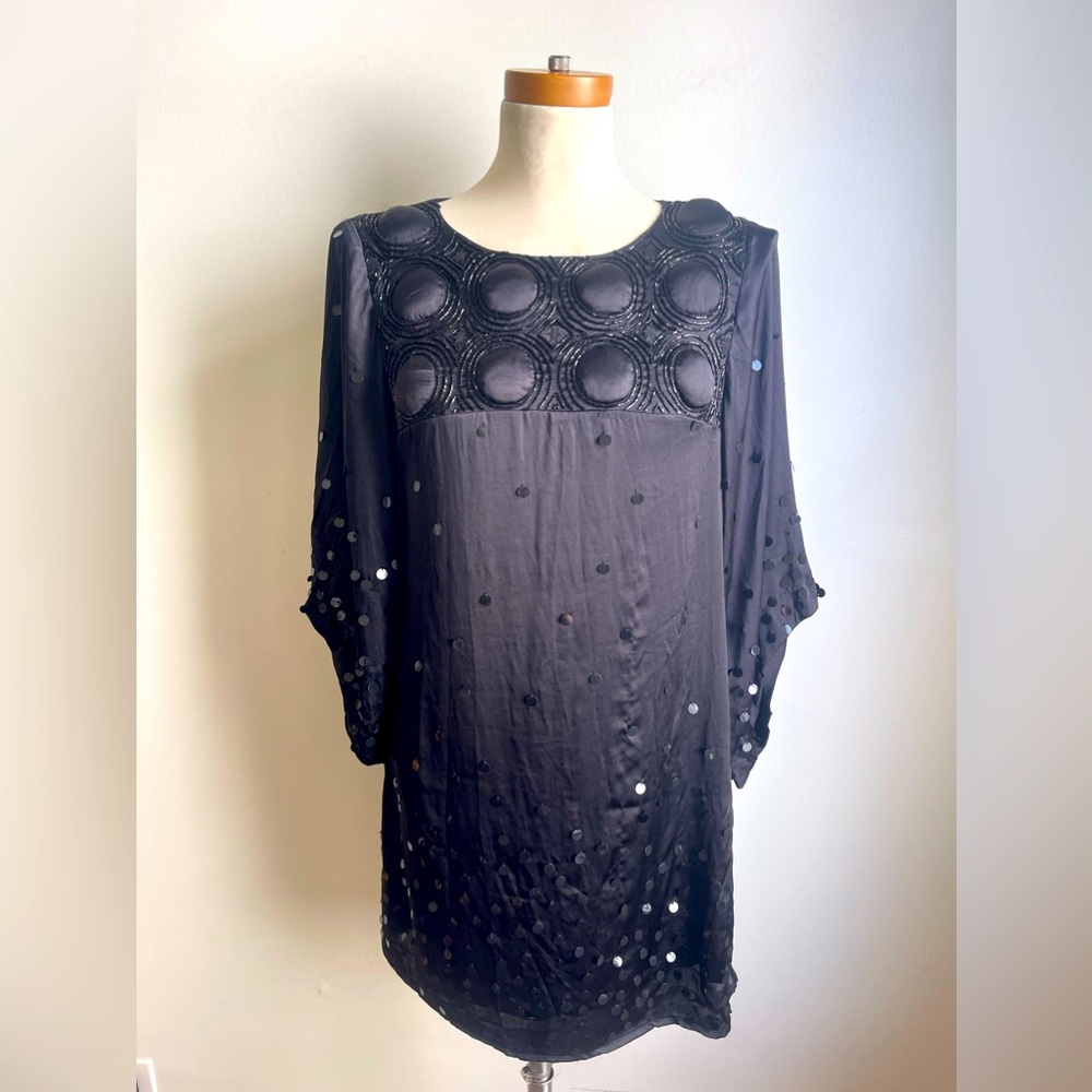 NWT Flavio Castellani Black Satin Sequin Bell Sleeve Shift Dress Medium EU 42